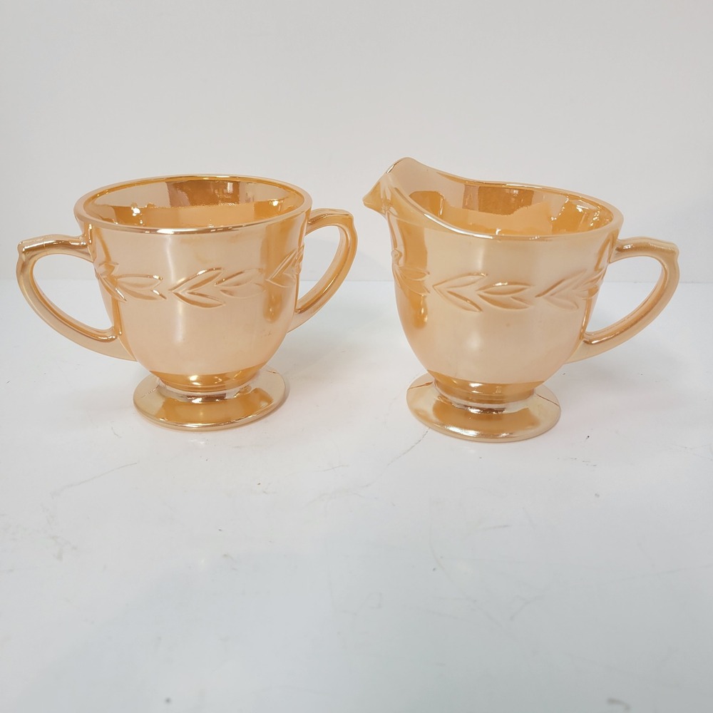 Vintage Fire King Peach Lustre Creamer‎ and Sugar Bowl Set Laurel Leaf